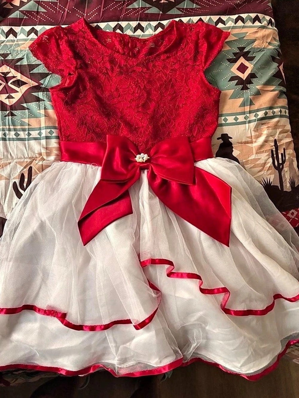 Rare Editions Girls' Red & White Lace Bow Dress Waist Size 8